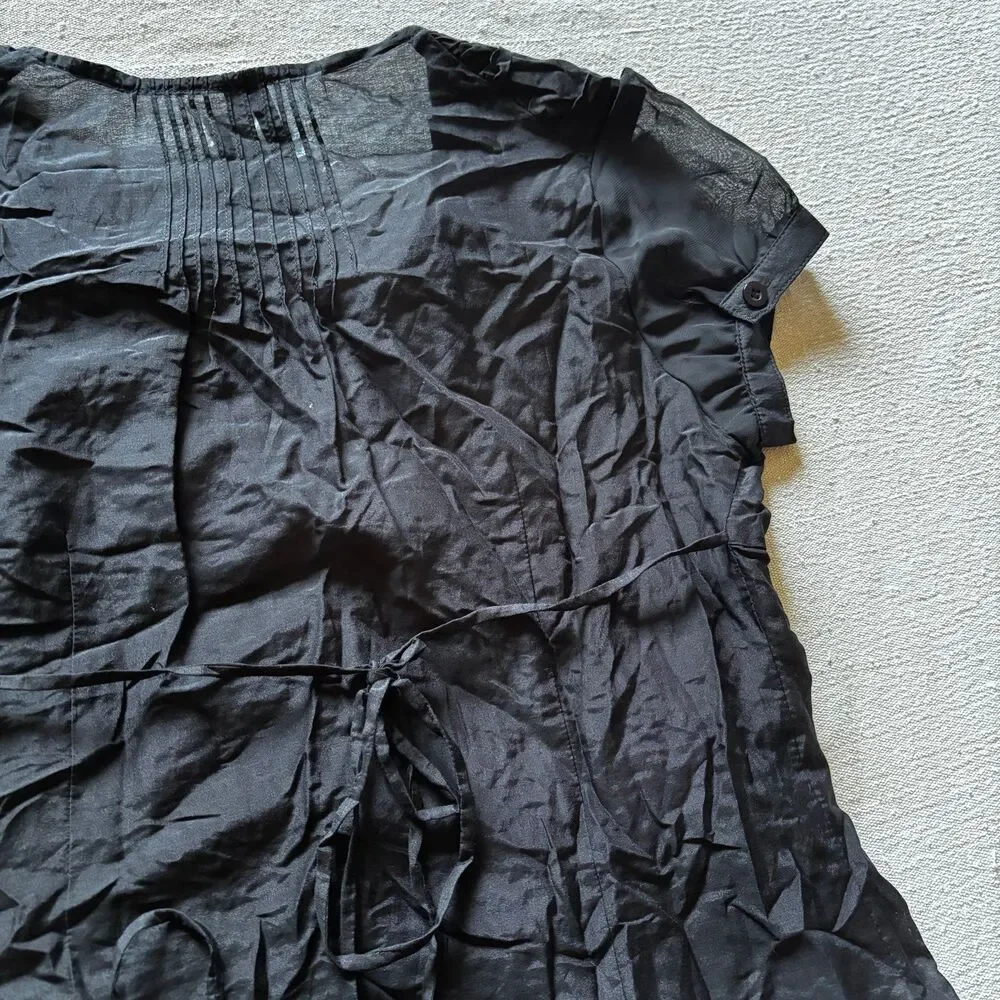 Y2K Silk Blend Black Ruffled Short Sleeve Button-Up